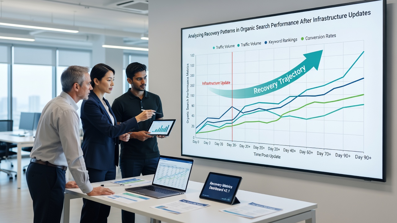 Detailed chart illustrating weekly ranking position changes and indexation recovery rates for multiple websites following infrastructure migrations